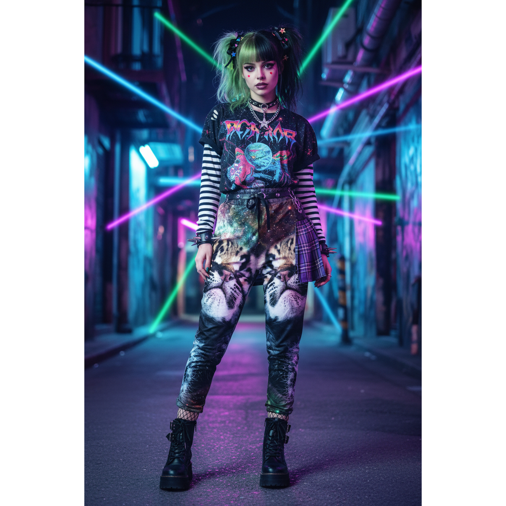 Person in a futuristic outfit with neon lights in a sci-fi setting