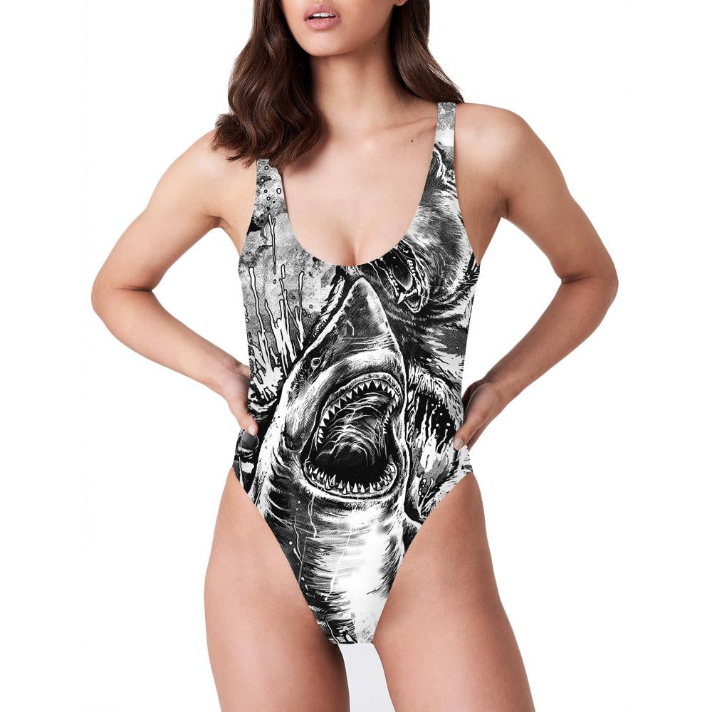 Set 4 Lyfe - BEAR VS SHARK (BLACK & WHITE EDITION) - HIGH CUT BODYSUIT - Clothing Brand - Swimsuit High Cut - SET4LYFE Apparel