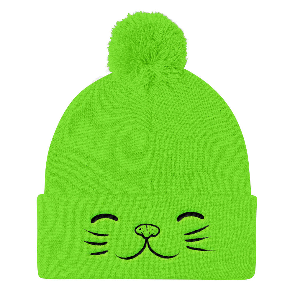 NEON GREEN KITTY FACE POM POM BEANIE