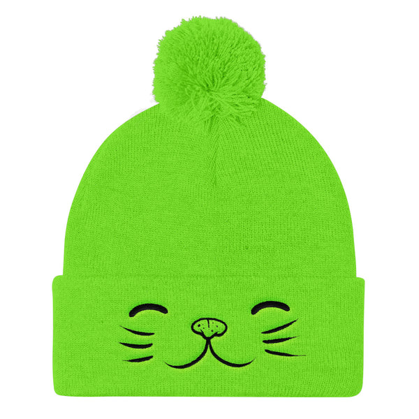 NEON GREEN KITTY FACE POM POM BEANIE